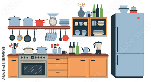 A detailed flat design illustration of a modern kitchen interior with a stove, refrigerator, utensils, and cabinets for cooking.
