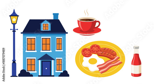 A collection of cozy home and breakfast icons including a blue house, street lamp, coffee, and a full english breakfast plate.