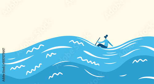 A minimalist illustration of a person in a small boat being tossed on large, stylized blue ocean waves, showing a struggle.