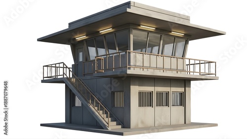 A modern watchtower with a staircase and railing on transparent background