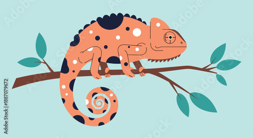 A cute spotted orange chameleon with a curled tail is sitting on a tree branch with green leaves against a light blue sky.