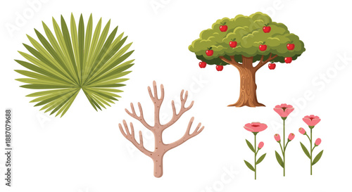 A collection of various stylized plants and trees, including a fan palm leaf, an apple tree, coral, and pink carnation flowers.