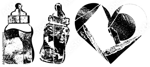 Stylized Baby Bottles and Heart with Textured Halftone