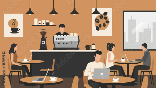 People working and relaxing in a modern coffee shop, flat illustration