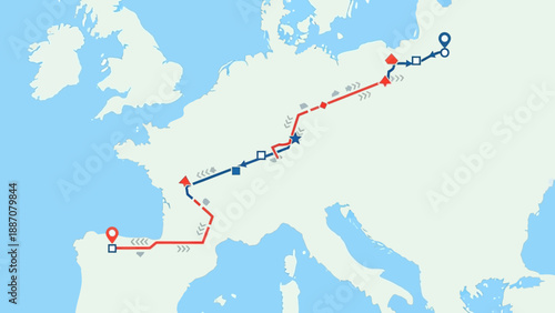 Europe Map Route Planning: Travel Itinerary Lines and Pins