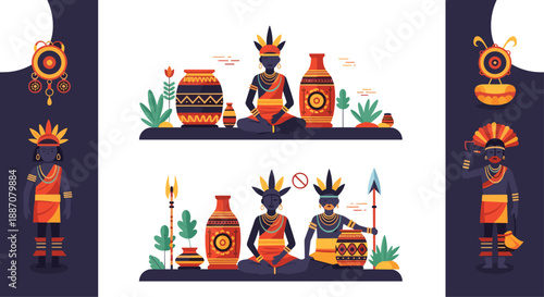 A collection of flat design illustrations showing indigenous tribal people, pottery, and cultural artifacts in a modern style.