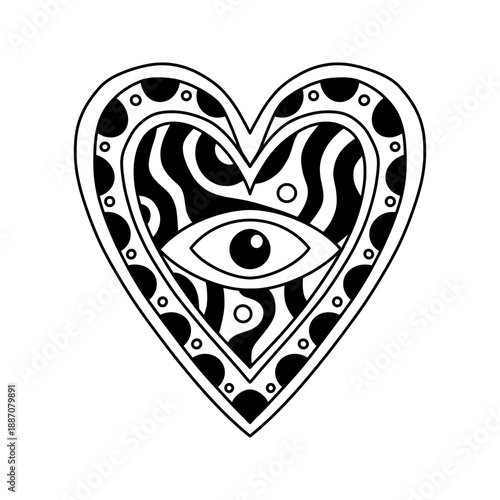 Ornate heart shaped evil eye illustration with decorative wavy patterns, isolated on white background. Stylish black and white design suitable for tattoos, logos, or mystical branding.