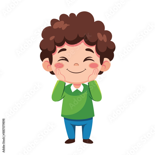 Happy cartoon boy with curly hair and green shirt