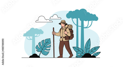 An illustration of a male explorer or adventurer with a backpack and walking stick hiking through a lush green jungle.