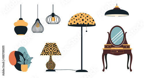 A collection of stylish and modern home decor items, including various lamps, a vanity table, and abstract wall art.