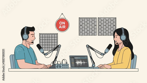 Radio Hosts Interviewing with Microphones and Sound Equipment in Studio