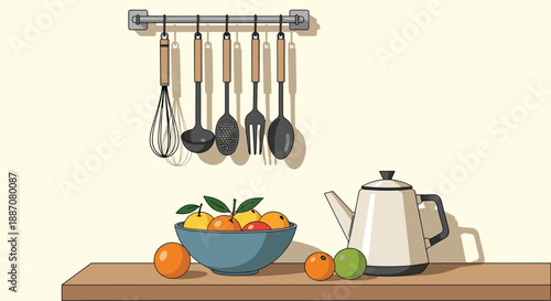 A cozy kitchen still life scene with a bowl of fresh citrus fruit, a coffee pot, and hanging utensils on the countertop.