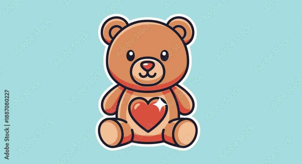 Obraz premium Cute Brown Teddy Bear with Red Heart on Chest Sitting Happily on Light Blue Background