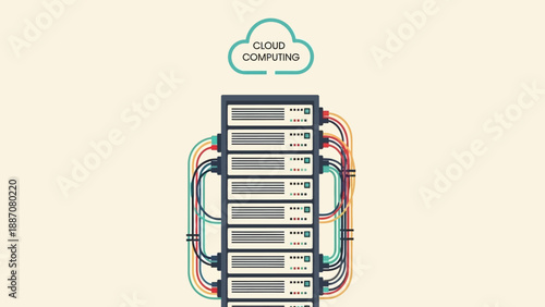 Cloud Computing Server Rack with Network Cables and Icon