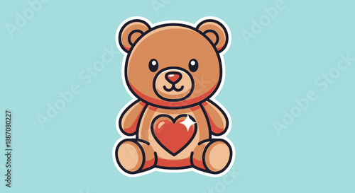 Cute Brown Teddy Bear with Red Heart on Chest Sitting Happily on Light Blue Background