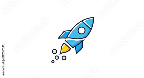 Cartoon blue rocket launching into the sky with orange flames and smoke, symbolizing startup, innovation, and progress, on an isolated white background.