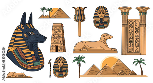 A large collection of ancient egyptian cultural symbols and landmarks, including pyramids, Anubis, a sphinx, and hieroglyphs.