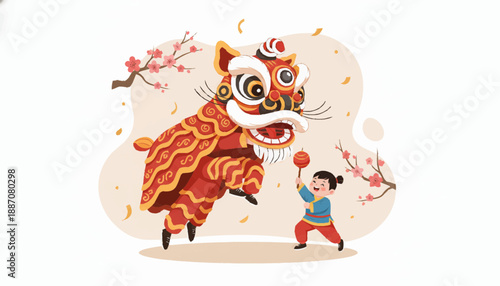 Chinese lion dance performance with child