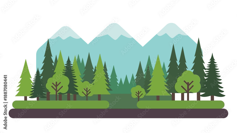 Fototapeta premium Flat design forest landscape with mountains and trees, vector illustration
