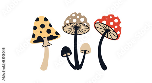 Set of three cute cartoon mushrooms with colorful spotted caps in a whimsical hand-drawn style isolated on white background.