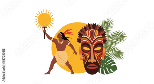 Indigenous man in traditional attire holding a sun symbol next to a large African tribal mask and tropical leaves vector.