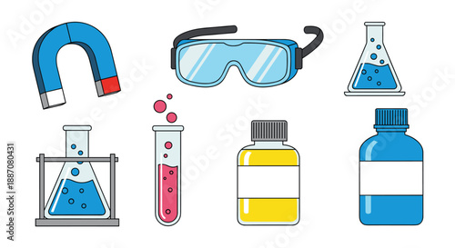 Collection of colorful cartoon chemistry laboratory equipment including beakers, flasks, and safety goggles on a white background.