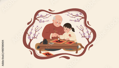 Elderly man teaching child traditional calligraphy