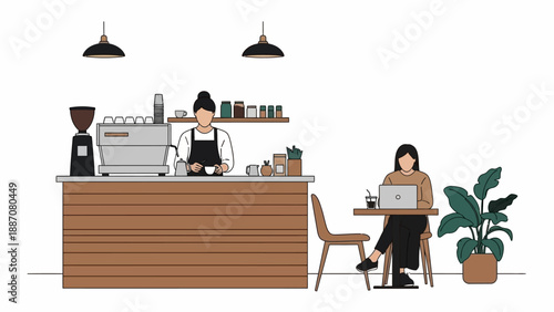Barista Serving Coffee at Counter, Woman Working on Laptop at Cafe Table