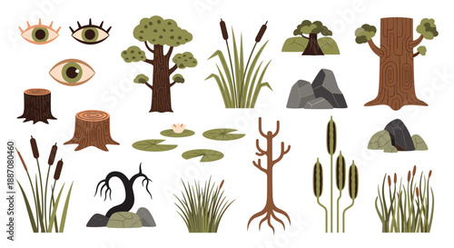 Collection of forest and swamp nature elements including trees, reeds, rocks, and water lilies in a textured vector style.