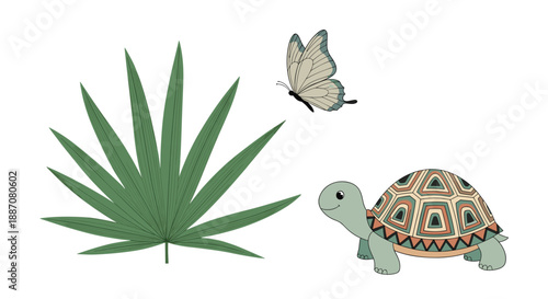 Cute collection of nature elements including a tropical palm leaf, a flying butterfly, and an adorable smiling tortoise.