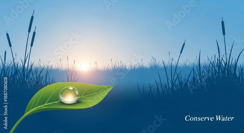 Water droplet on green leaf at sunrise with grass and blue sky conserve water concept