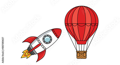 Cute cartoon rocket ship blasting off next to a classic red hot air balloon, representing different modes of air travel.