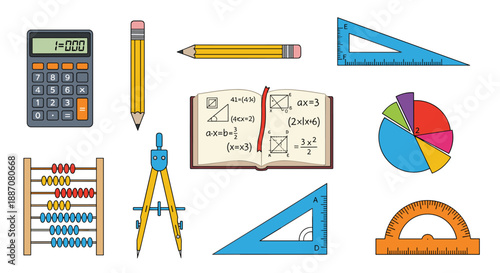Collection of mathematics and geometry school supplies including a calculator, rulers, a compass, and an open textbook.
