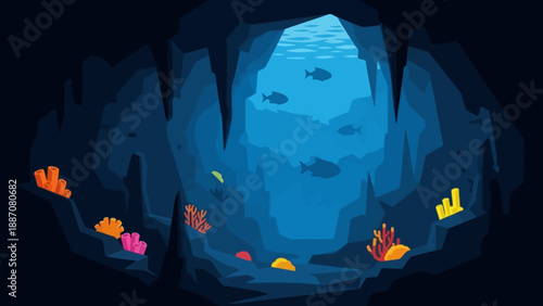 Underwater Cave Scene with Coral Reef and Fish, Deep Ocean Exploration
