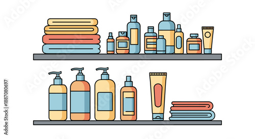 Two bathroom shelves neatly organized with various cosmetic products, dispensers, tubes, and folded towels in a flat style.