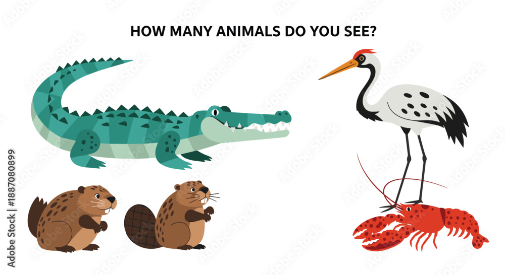 Fototapeta premium Educational counting game for children with various animals like a crocodile, beavers, a crane, and a lobster to count.