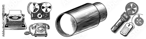 Vintage Typewriter, Tape Recorder, Phone, and Industrial Tools Vector Set