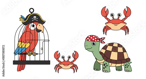 Set of cute pirate-themed sea animals including a parrot in a cage, a tortoise, and two crabs on a white background.