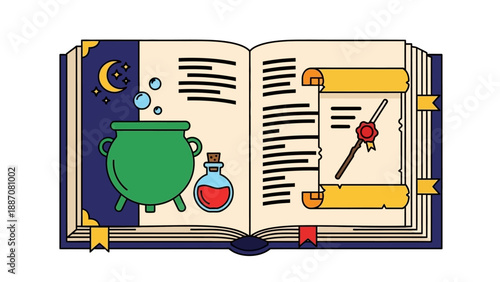 Magic Spellbook with Potion, Wand, and Bubbling Cauldron