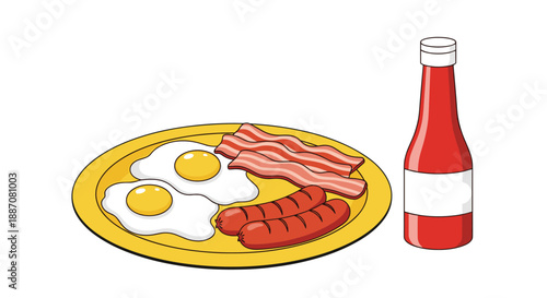 Classic breakfast plate with two fried eggs, bacon, and sausages, served with a bottle of ketchup on the side vector.
