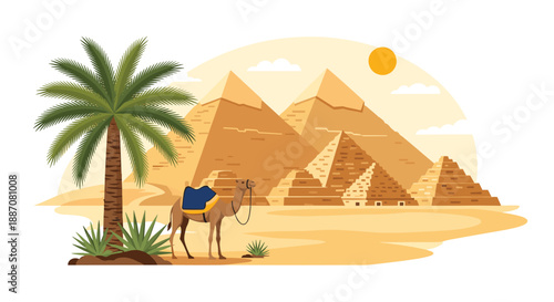 Beautiful desert landscape scene with the great pyramids of Giza, a camel, and a palm tree under a bright sun vector.