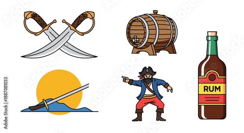 Set of colorful pirate-themed icons including crossed swords, a rum bottle and barrel, and a cartoon pirate captain.