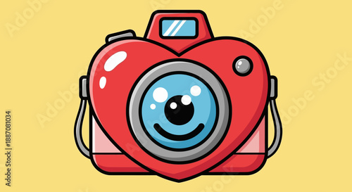 Cute Red Heart-Shaped Camera with Happy Smiling Face on Bright Yellow Background