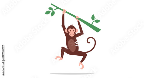 Cute and simple cartoon monkey character with a long tail hanging and swinging from a green tree branch with leaves.