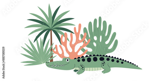 Cute smiling crocodile character lying among various tropical plants, a palm tree, and coral in a jungle composition.