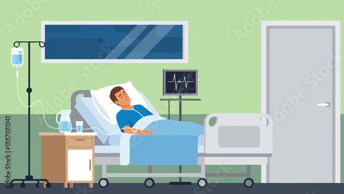 Patient in hospital bed with IV drip and monitor, medical care concept