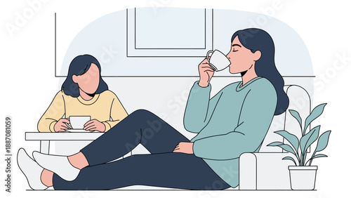 Two women relaxing and drinking coffee at home, casual lifestyle illustration