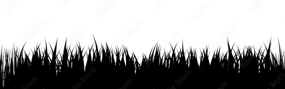 Fototapeta premium Meadow silhouette with grass, plants on plain. Panoramic summer lawn landscape with herbs, various weeds. Herbal border, frame element. Black horizontal banners. Vector illustration