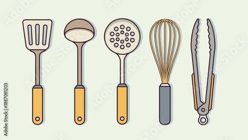 Kitchen Utensils Collection: Spatula, Ladle, Skimmer, Whisk, Tongs - Flat Design
