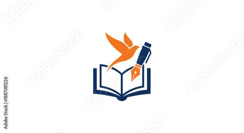 Open Book Logo with Flying Bird Holding a Pen on Isolated White Background